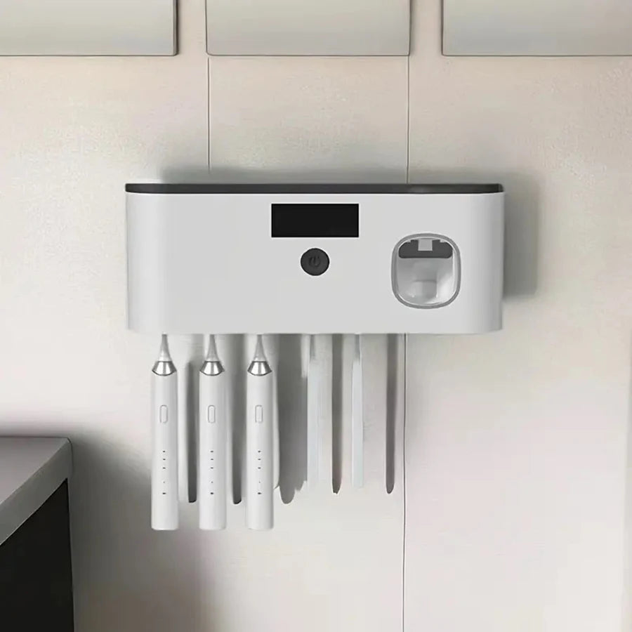 Smart Toothbrush Sterilizer & Wall-Mounted Organizer – 5-Slot Holder with Toothpaste Dispenser