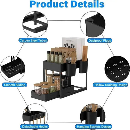 2-Tier Under Sink Organizer with Pull-Out Drawer – 5 Hooks & 3 Detachable Baskets
