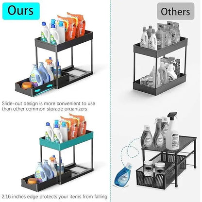 2-Tier Under Sink Organizer with Pull-Out Drawer – 5 Hooks & 3 Detachable Baskets