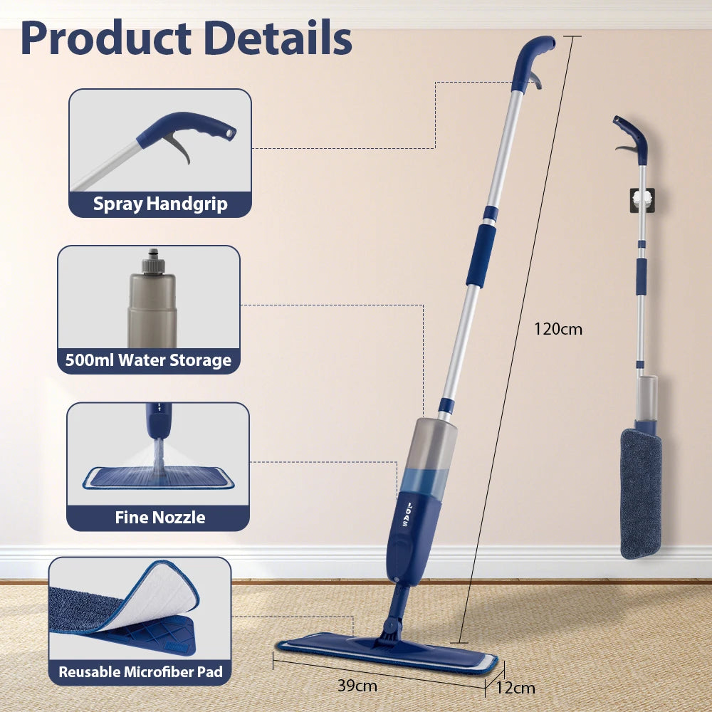 500ml Spray Mop with 3 Microfiber Pads – Wet &amp; Dry Floor Cleaner