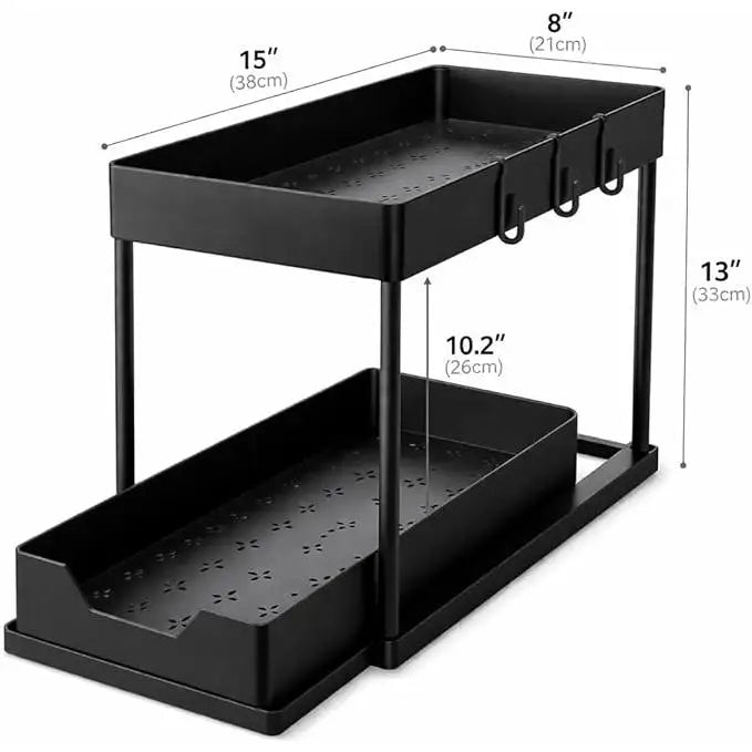 2-Tier Under Sink Organizer with Pull-Out Drawer – 5 Hooks & 3 Detachable Baskets