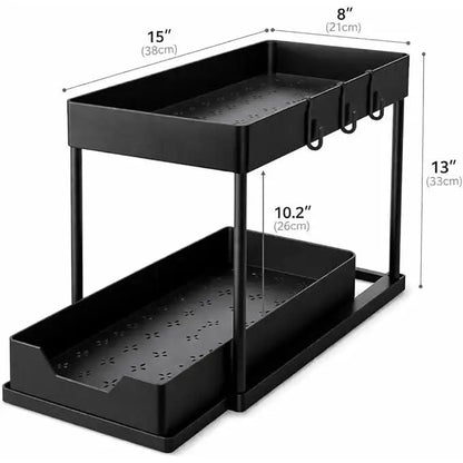 2-Tier Under Sink Organizer with Pull-Out Drawer – 5 Hooks & 3 Detachable Baskets