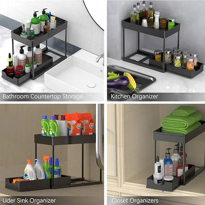 2-Tier Under Sink Organizer with Pull-Out Drawer – 5 Hooks & 3 Detachable Baskets