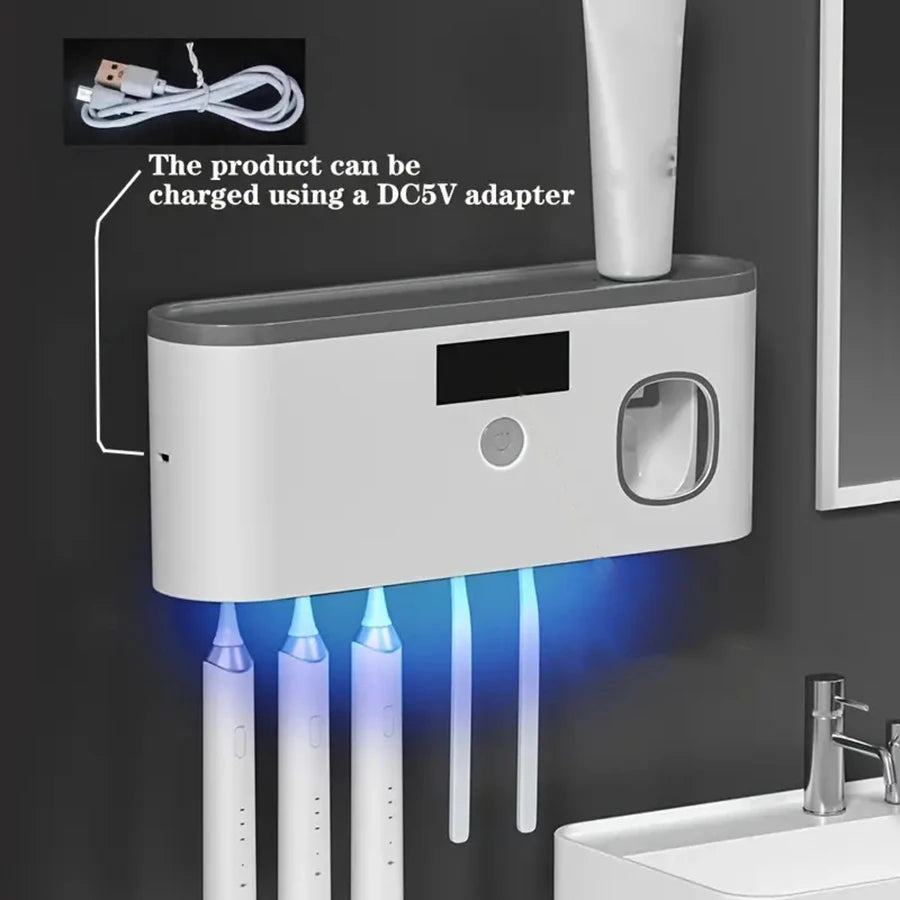Smart Toothbrush Sterilizer & Wall-Mounted Organizer – 5-Slot Holder with Toothpaste Dispenser