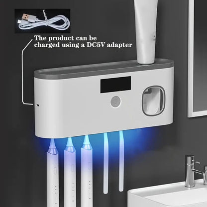 Smart Toothbrush Sterilizer & Wall-Mounted Organizer – 5-Slot Holder with Toothpaste Dispenser
