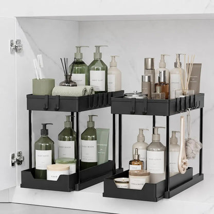 2-Tier Under Sink Organizer with Pull-Out Drawer – 5 Hooks & 3 Detachable Baskets