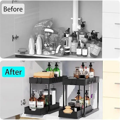 2-Tier Under Sink Organizer with Pull-Out Drawer – 5 Hooks & 3 Detachable Baskets