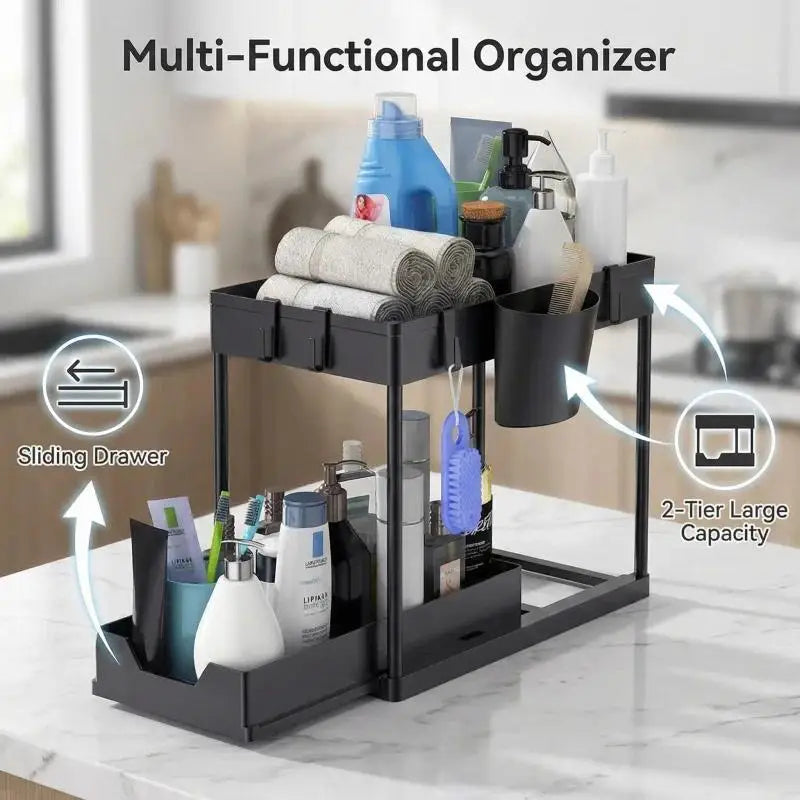2-Tier Under Sink Organizer with Pull-Out Drawer – 5 Hooks & 3 Detachable Baskets
