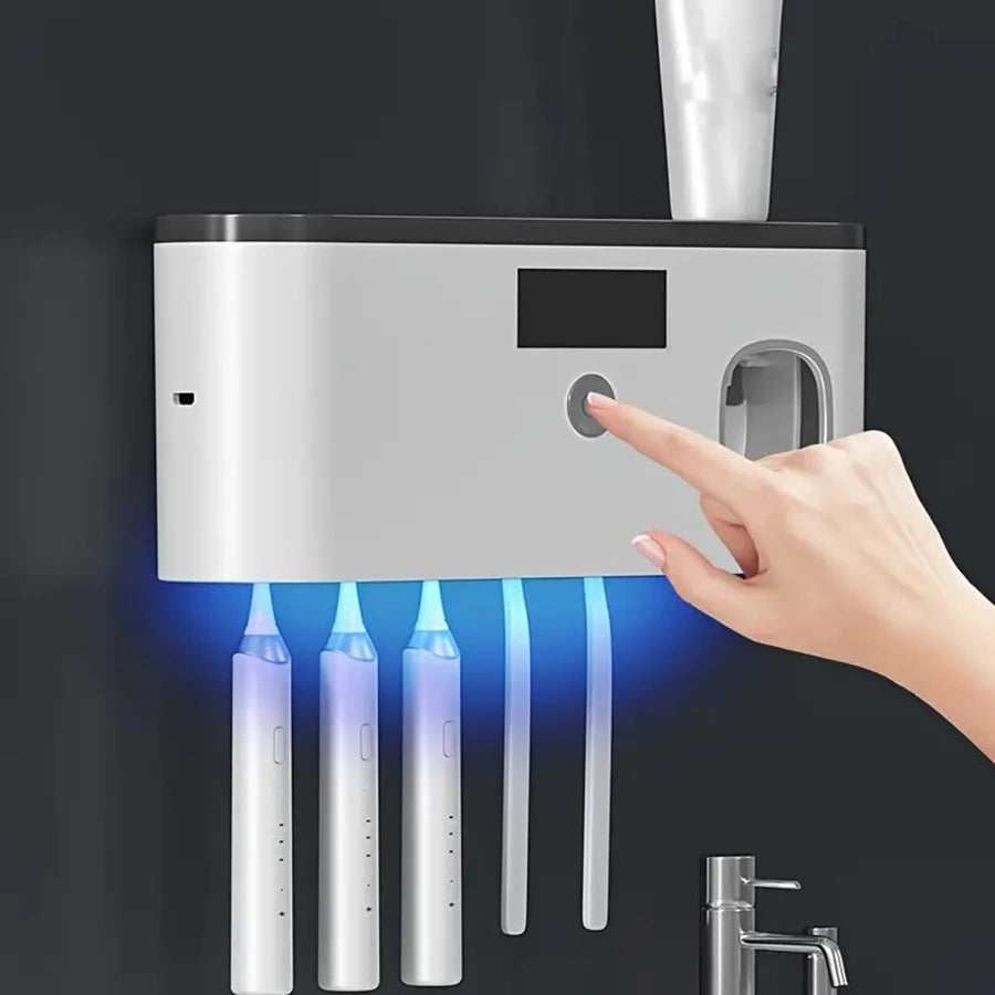 Smart Toothbrush Sterilizer & Wall-Mounted Organizer – 5-Slot Holder with Toothpaste Dispenser