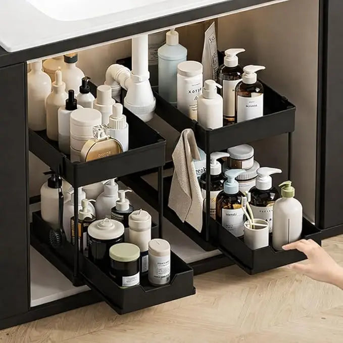 2-Tier Under Sink Organizer with Pull-Out Drawer – 5 Hooks & 3 Detachable Baskets