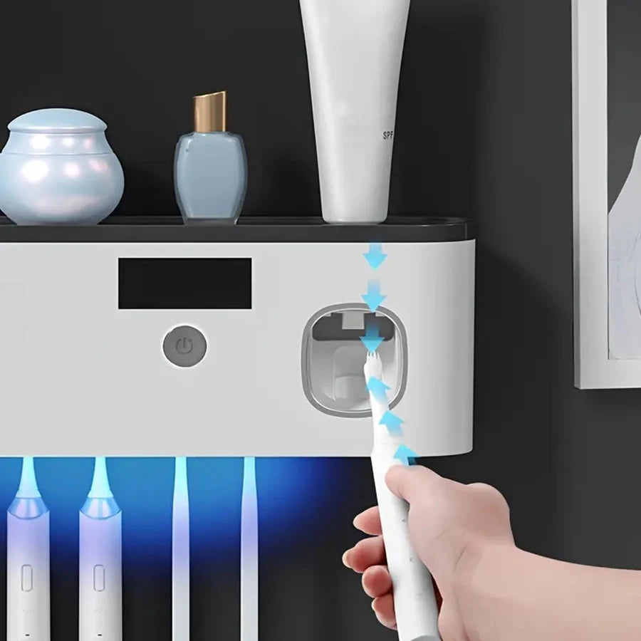 Smart Toothbrush Sterilizer & Wall-Mounted Organizer – 5-Slot Holder with Toothpaste Dispenser