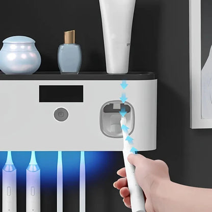 Smart Toothbrush Sterilizer & Wall-Mounted Organizer – 5-Slot Holder with Toothpaste Dispenser
